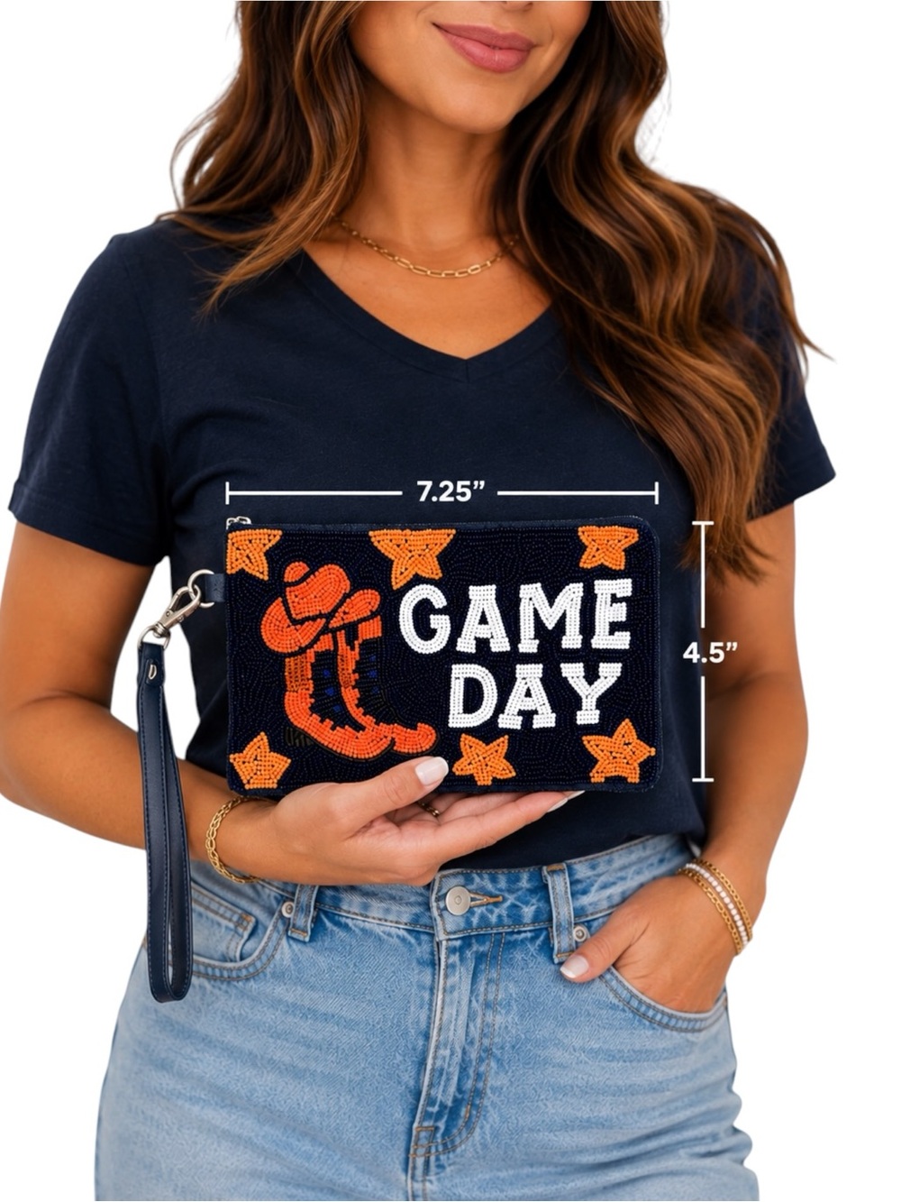 Viola NWT Beaded Game Day Cowboy Boots Western Wristlet Clutch Navy Orange